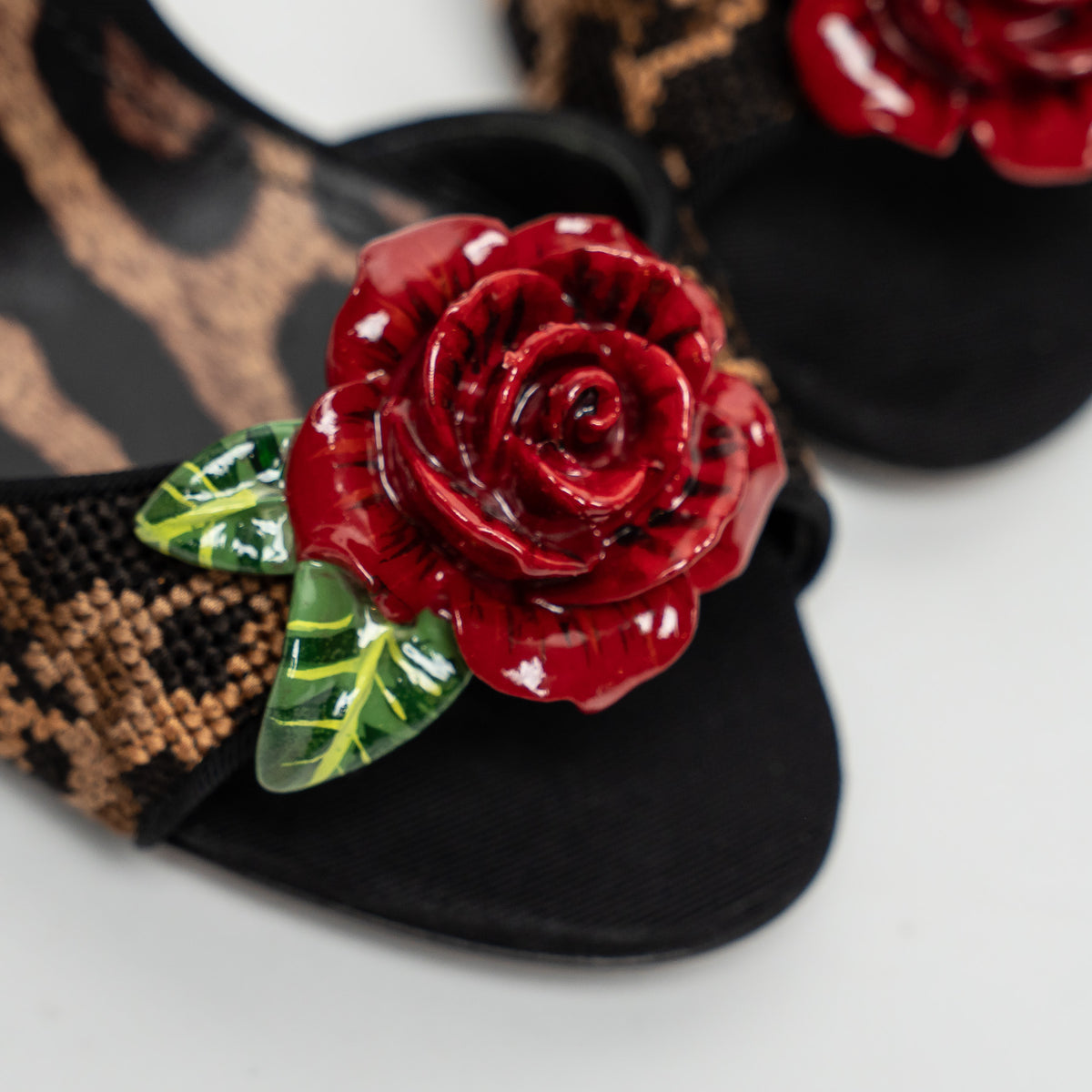 Dolce & Gabbana Leopard Print Canvas with Rose Sandals Size 38