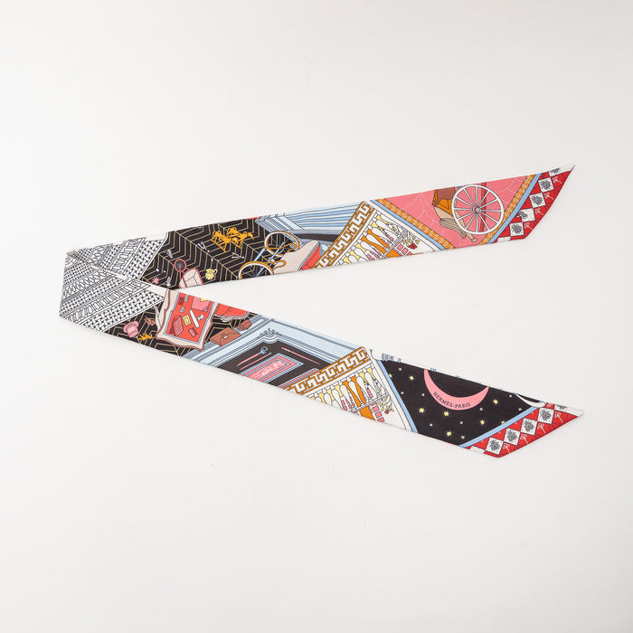 Hermes Black, White, and Red Multicolour Silk Objets De Curiosite Twilly