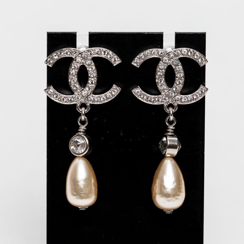 Chanel Silver Tone Pearl and Crystal Drop Earrings