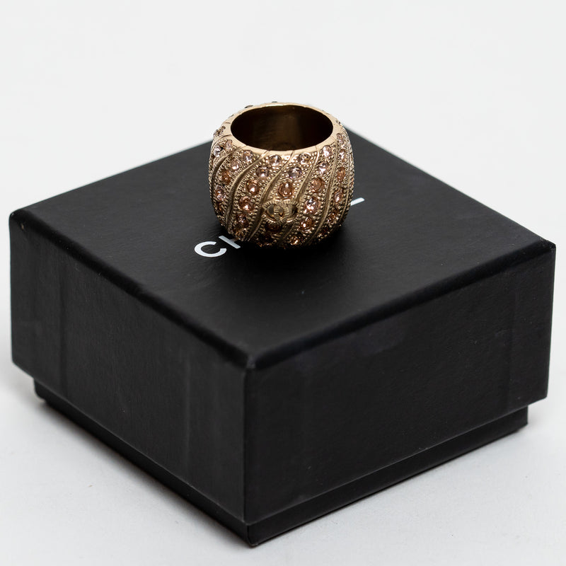 Pre-Loved Chanel™ Gold Tone Crystal Embellished Thick Ring Size 7