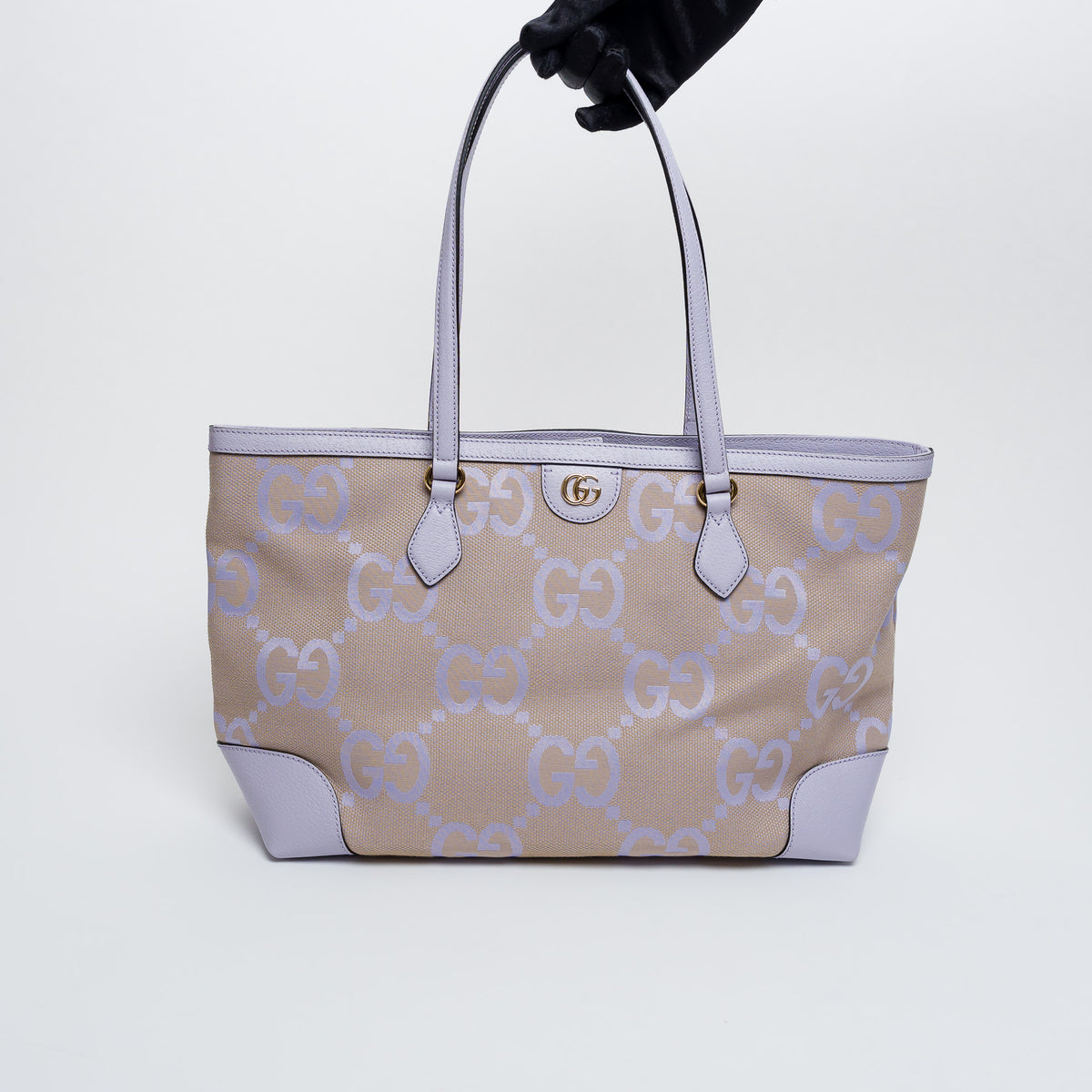 Gucci Lilac Leather and Beige Jumbo GG Canvas Medium Ophidia Tote Bag