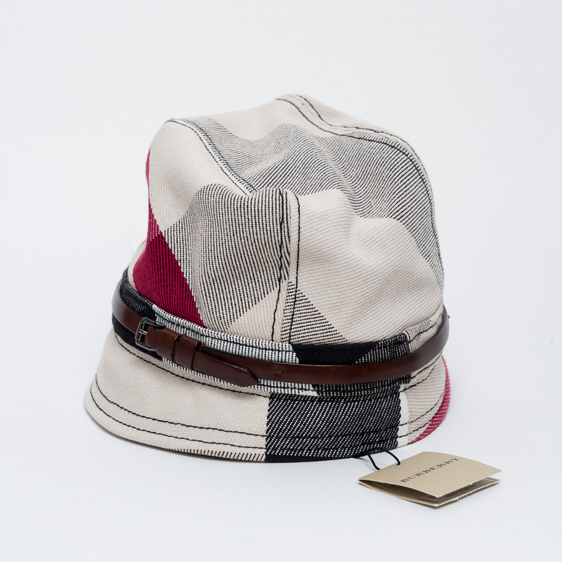 Burberry Beige and Red Canvas Check Hat Size M