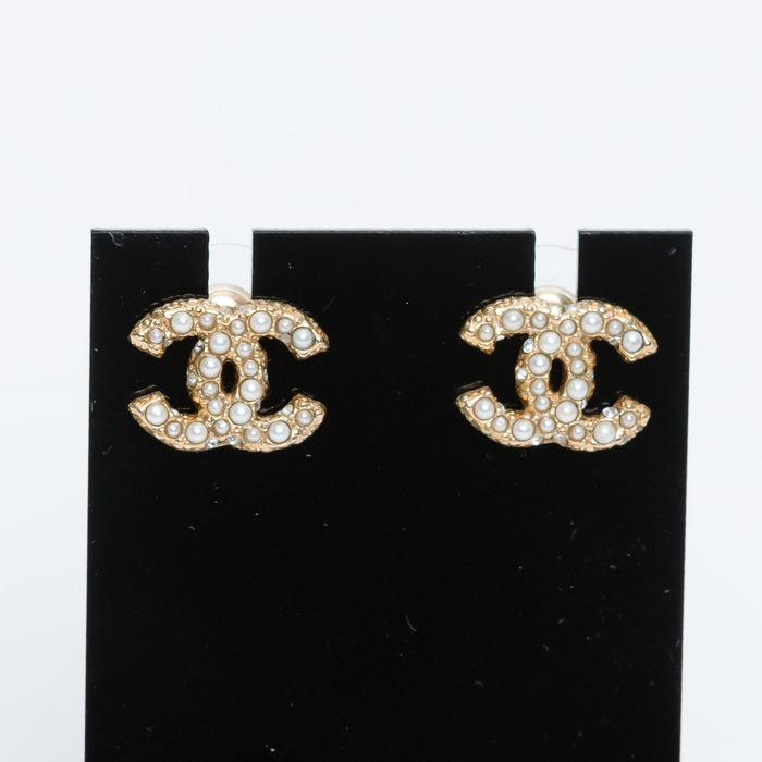 Pre-Loved Chanel™ Gold Tone Faux Pearl Logo Stud Earrings