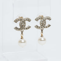 Pre-Loved Chanel™ Gold Tone Inset Crystal Logo with Faux Pearl Drop Earrings