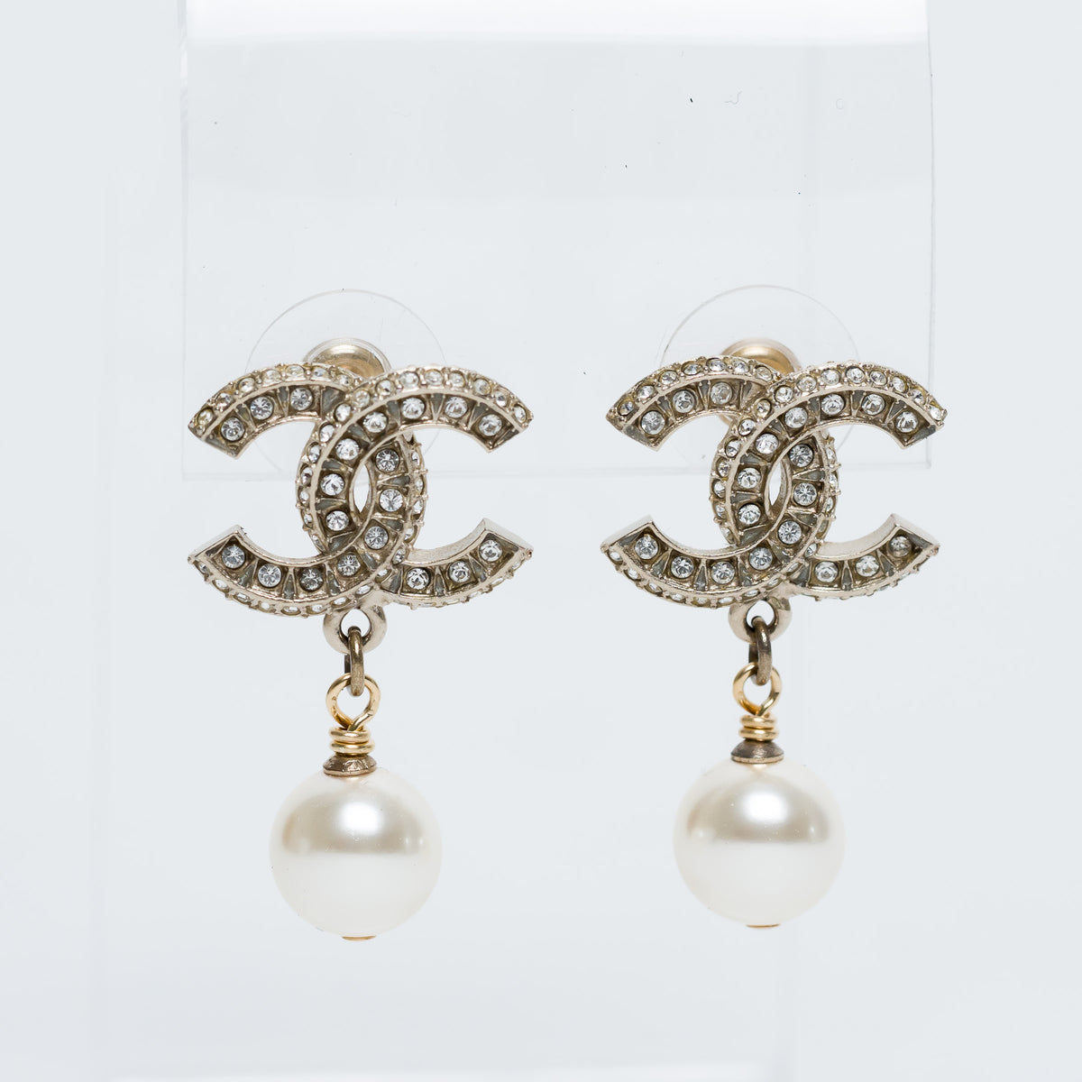 Pre-Loved Chanel™ Gold Tone Inset Crystal Logo with Faux Pearl Drop Earrings
