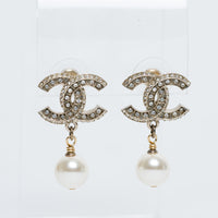 Pre-Loved Chanel™ Gold Tone Inset Crystal Logo with Faux Pearl Drop Earrings