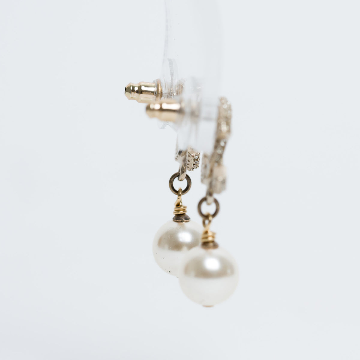Pre-Loved Chanel™ Gold Tone Inset Crystal Logo with Faux Pearl Drop Earrings