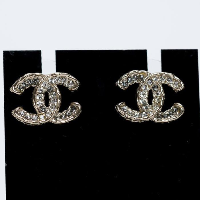 Pre-Loved Chanel™ Gold Tone Crystal Embellished Logo Stud Earrings