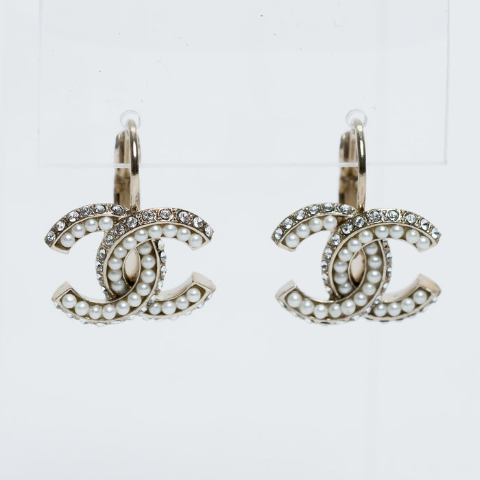 Pre-Loved Chanel™ Gold Tone Crystal and Faux Pearl Embellished Logo Hoop Earrings