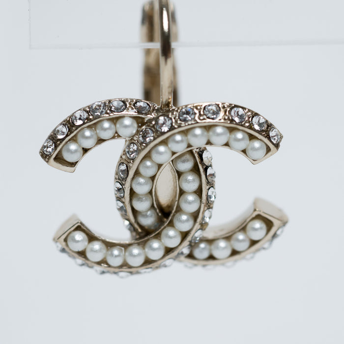 Pre-Loved Chanel™ Gold Tone Crystal and Faux Pearl Embellished Logo Hoop Earrings