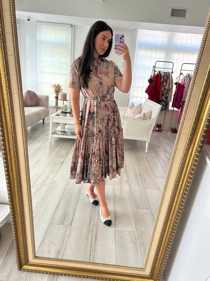 Carolina Herrera Purple & Pink Floral Print Ruched Midi Dress Size 6