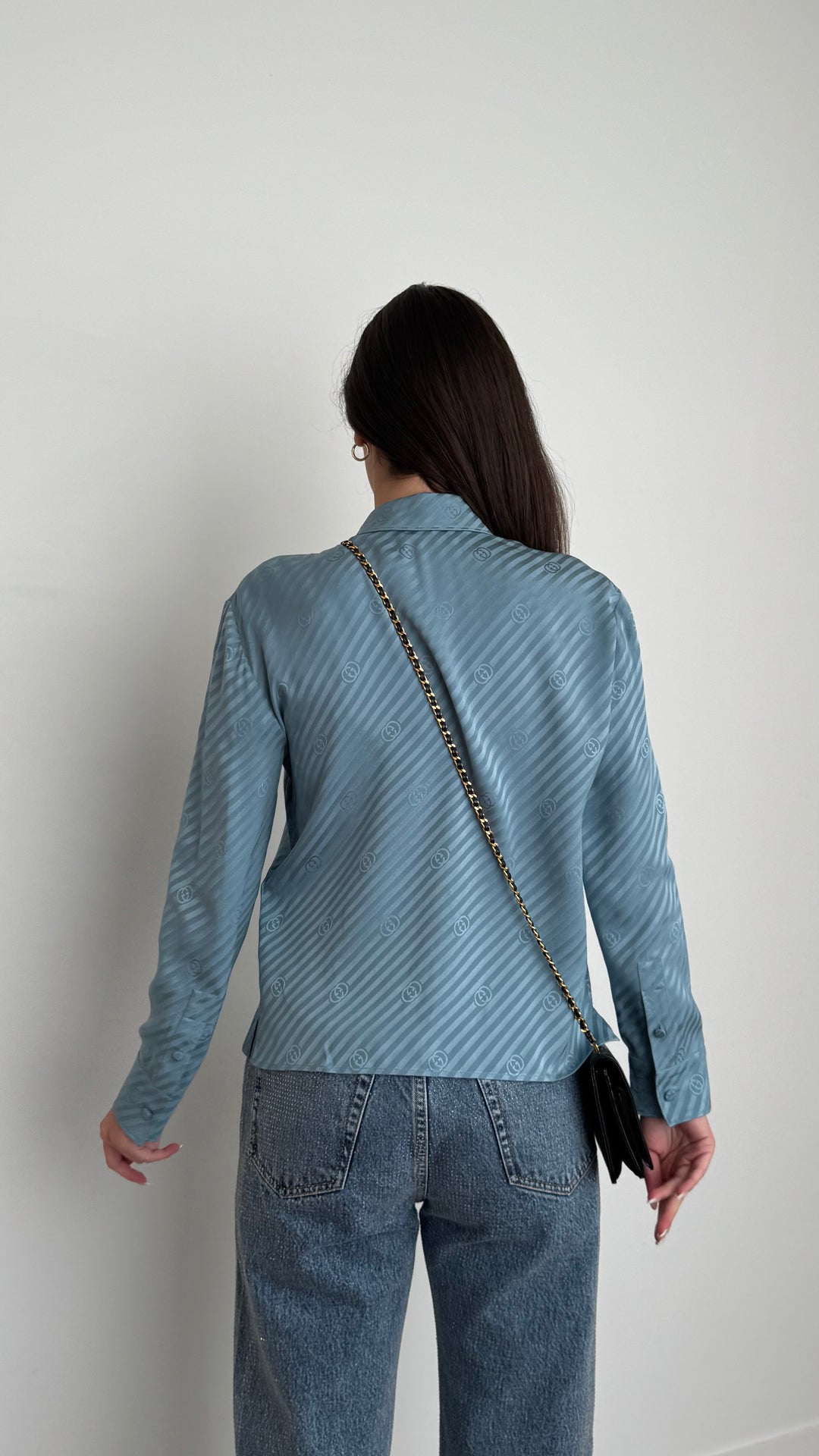 Gucci Blue Silk GG Jacquard Button Up Top Size 40