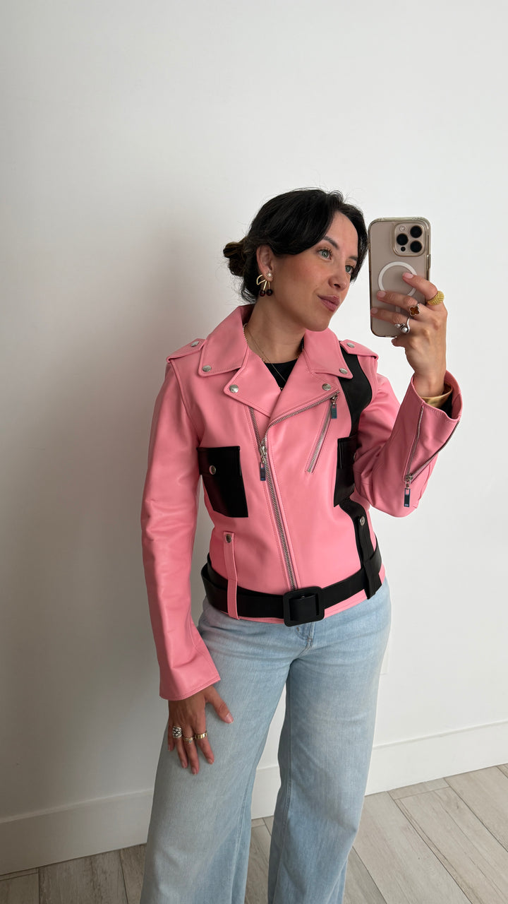 Louis Vuitton Pink Calf Leather Biker Jacket Size 36