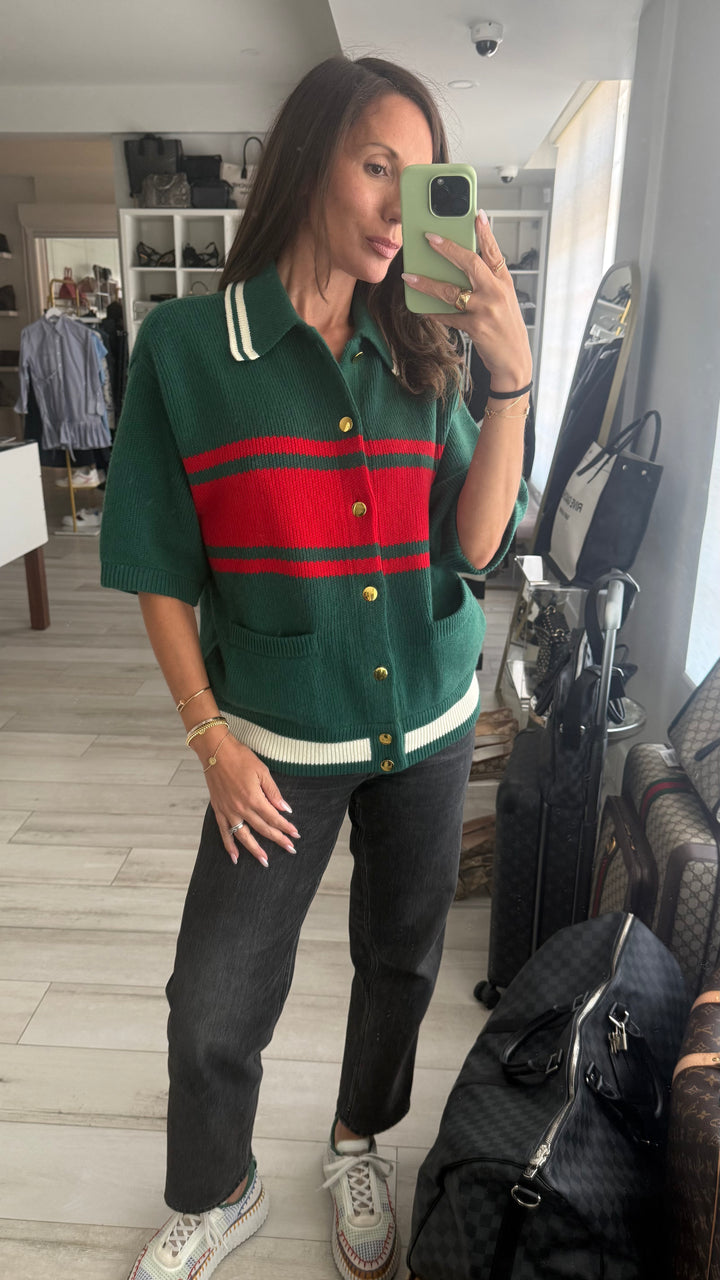 Gucci Green & Red Wool/Cashmere Knit Short Sleeve Button Up Size M