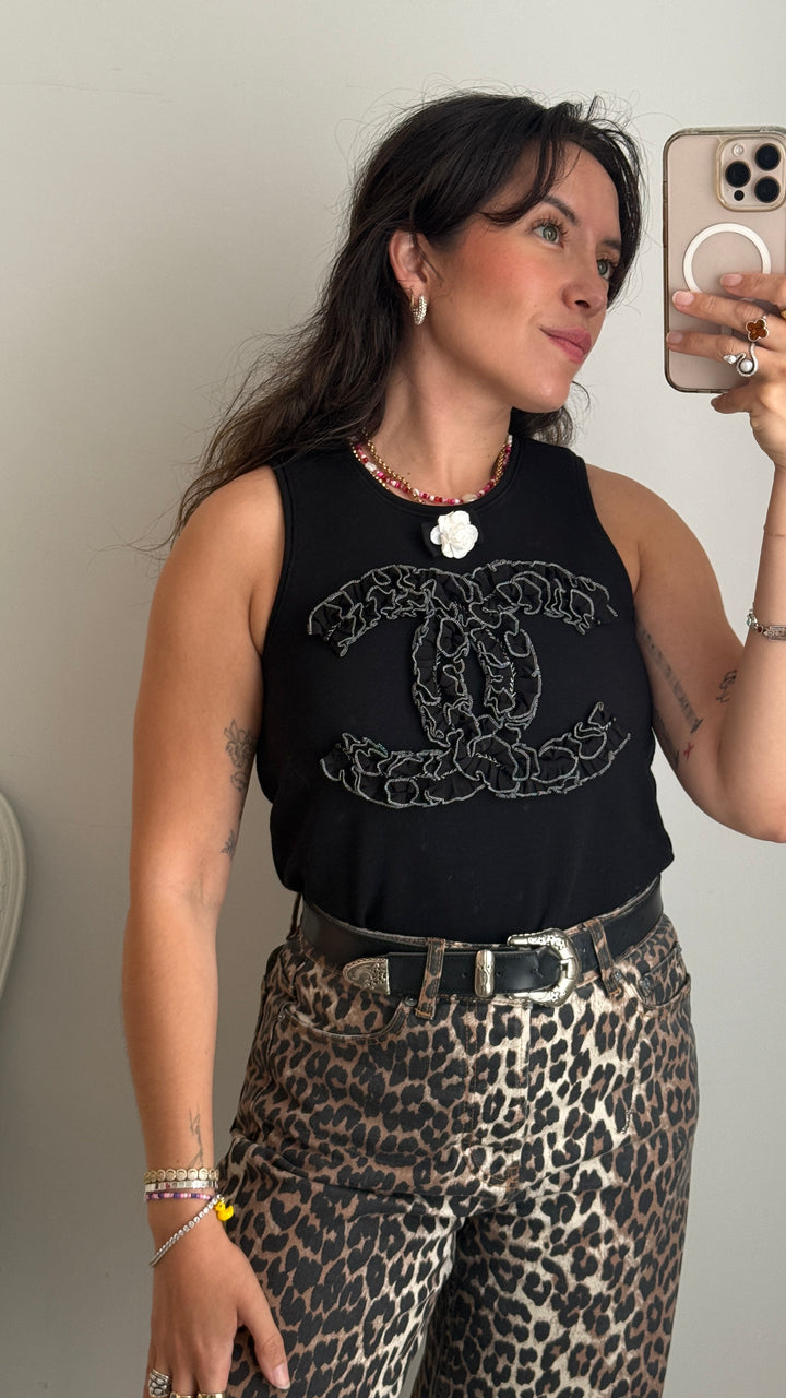 Pre-Loved Chanel™ Black Wool Ruffled Logo Tank Top Size 36