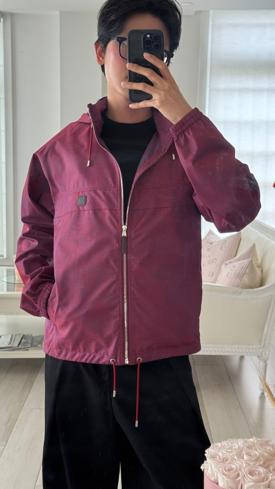Louis Vuitton Men's Iridescent Burgundy & Blue Epi Patterned Windbreaker Size 48