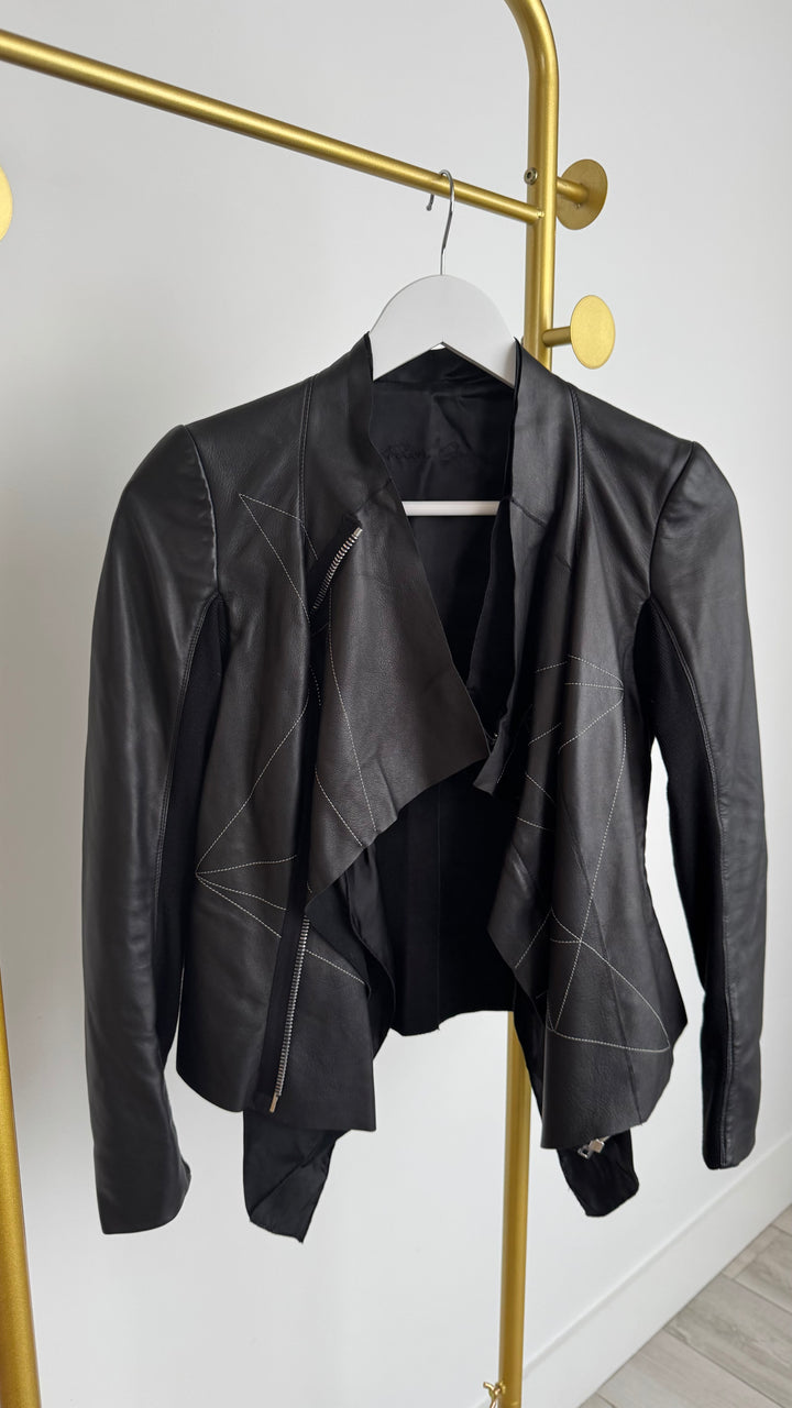 Rick Owens Black Leather Asymmetrical Zip Jacket with White Contrast Stitching Size 40