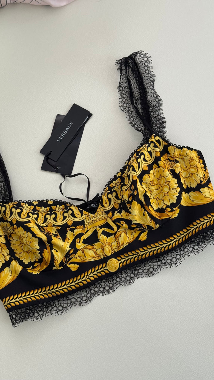 Versace Barocco Print Black and Gold Silk Bralette with Lace Trim Size 40