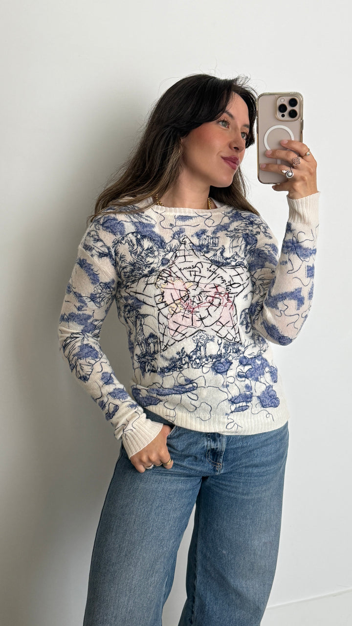 Dior Cream Knit Cashmere Sweater with Blue and Pink Stitching Details Size 34