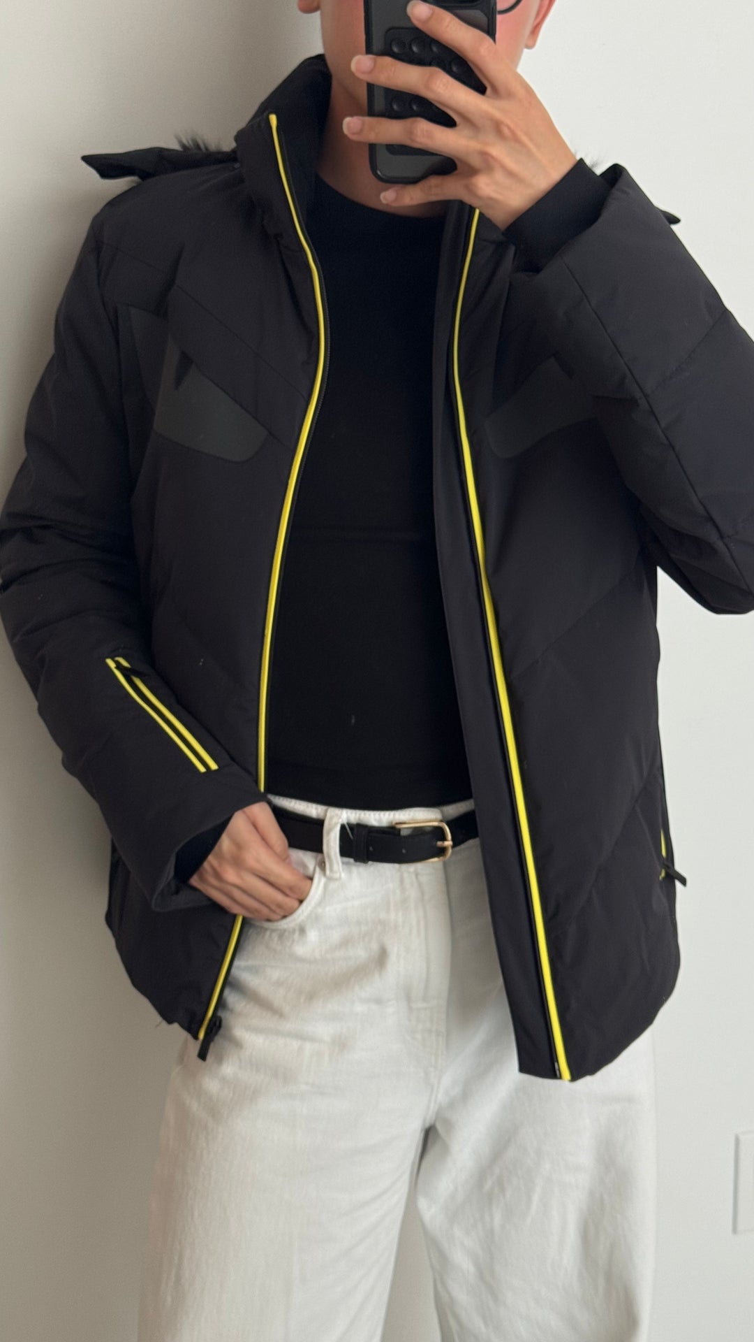 Fendi Black Quilted Monster Eyes Jacket with Neon Piping and Fur Trimmed Hood Size 48