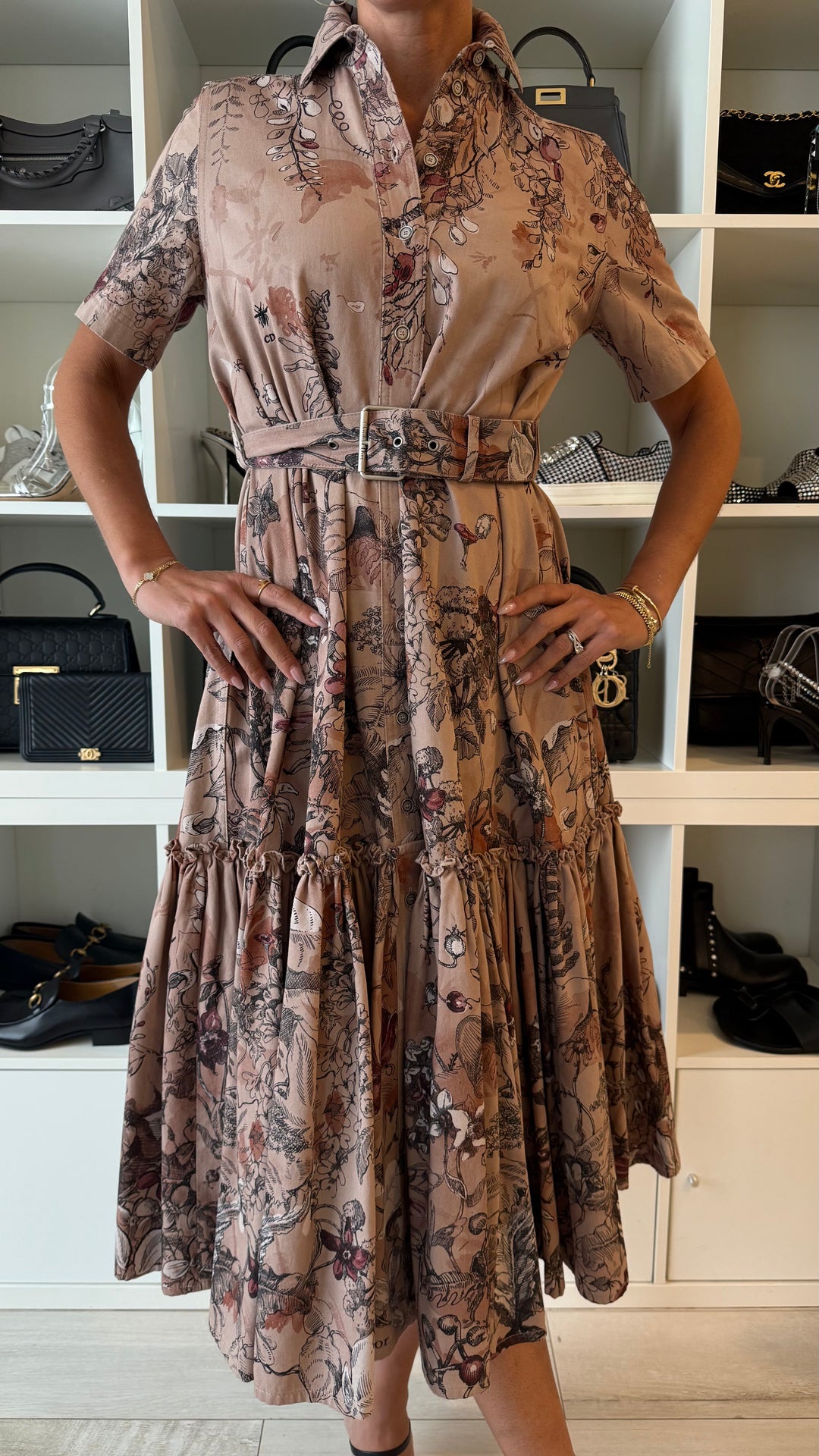 Dior Dusty Rose Cotton Printed Shirt Dress with Belt Size 38