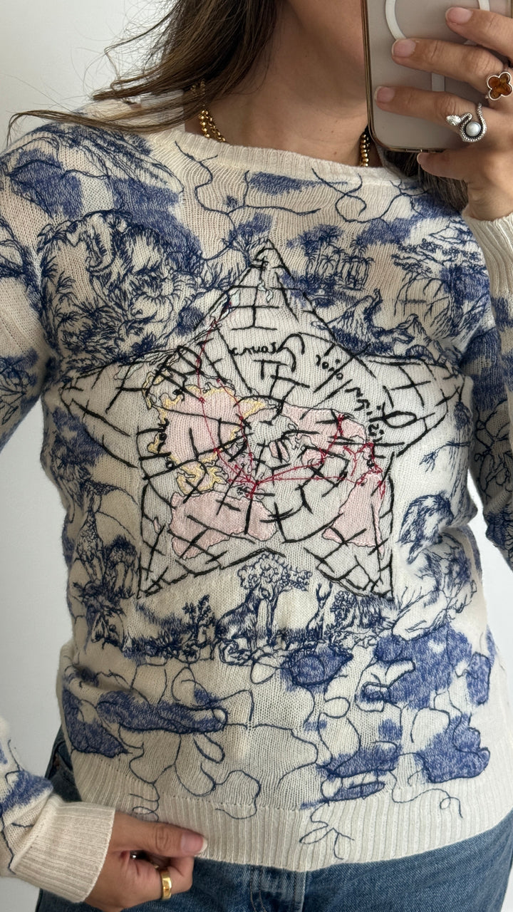 Dior Cream Knit Cashmere Sweater with Blue and Pink Stitching Details Size 34