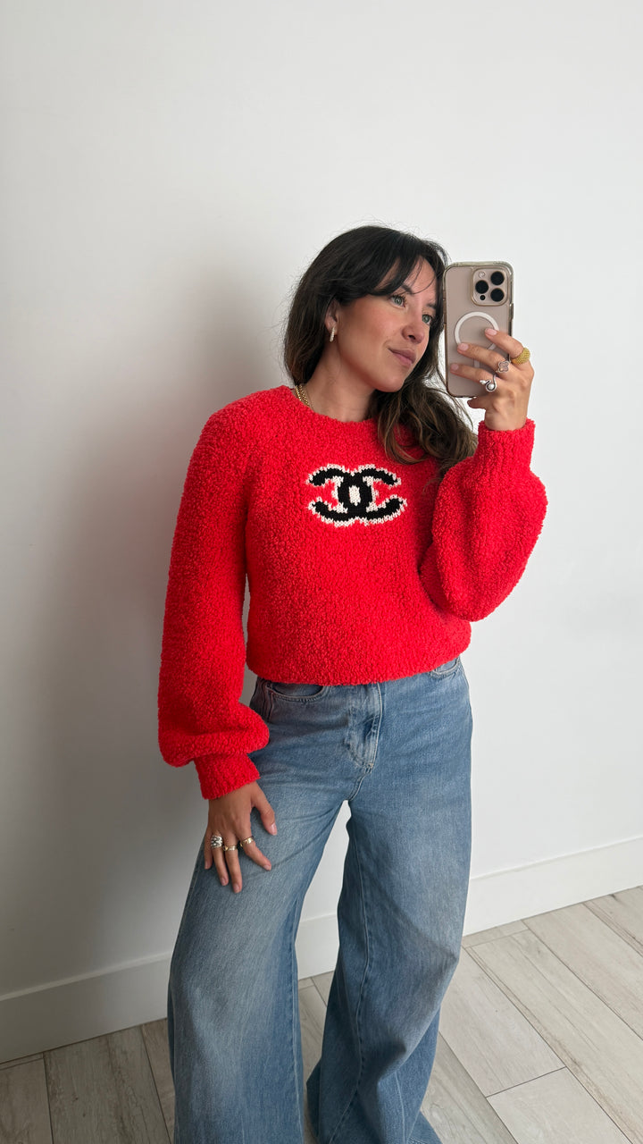 Pre-Loved Chanel™ Red Wool Blend Logo Sweater Size 38