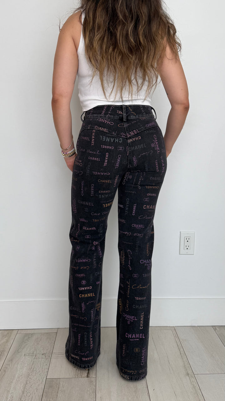 Pre-Loved Chanel™ Black Jeans with Multicolour Pink Logo Print Size 34