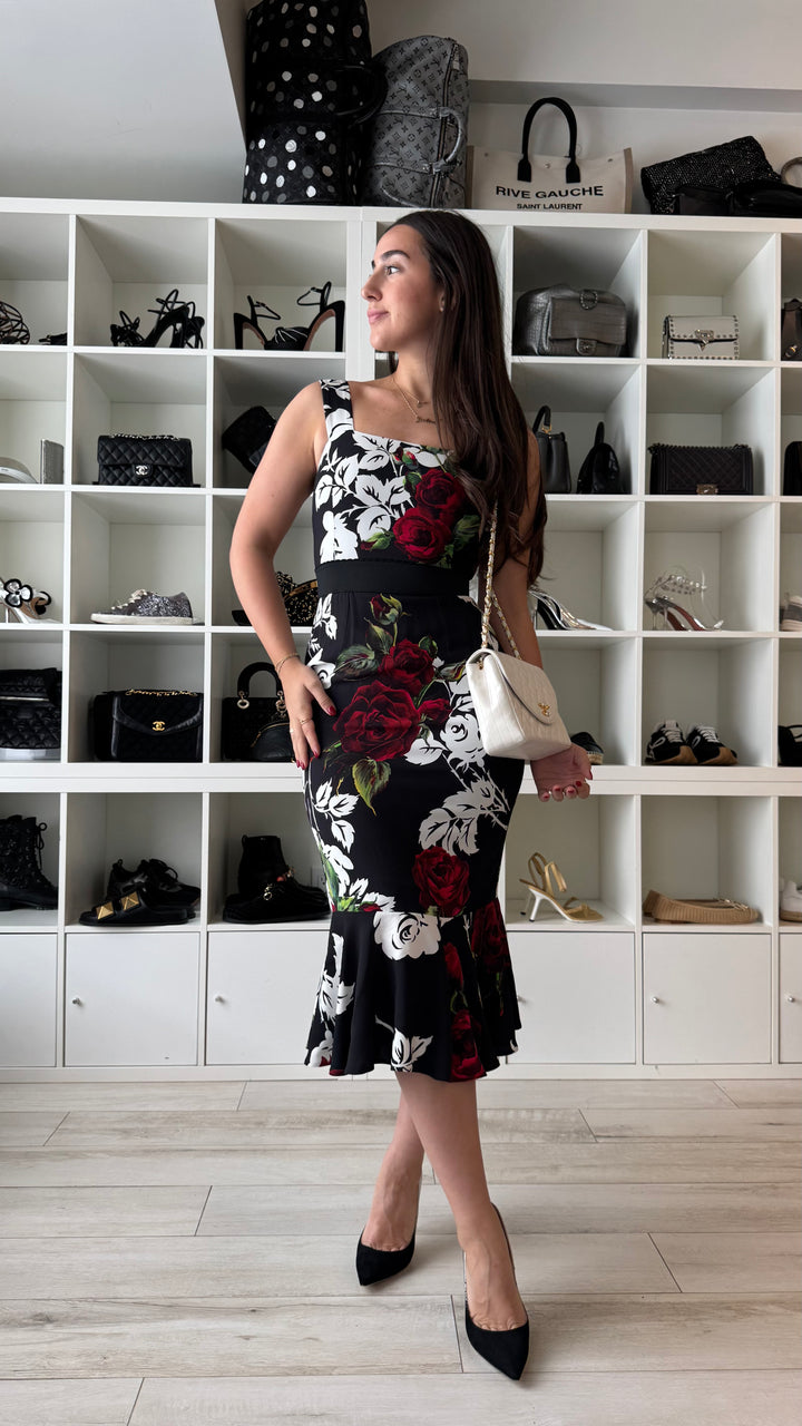 Dolce & Gabbana Black Midi Dress with White & Red Floral Print Size 42