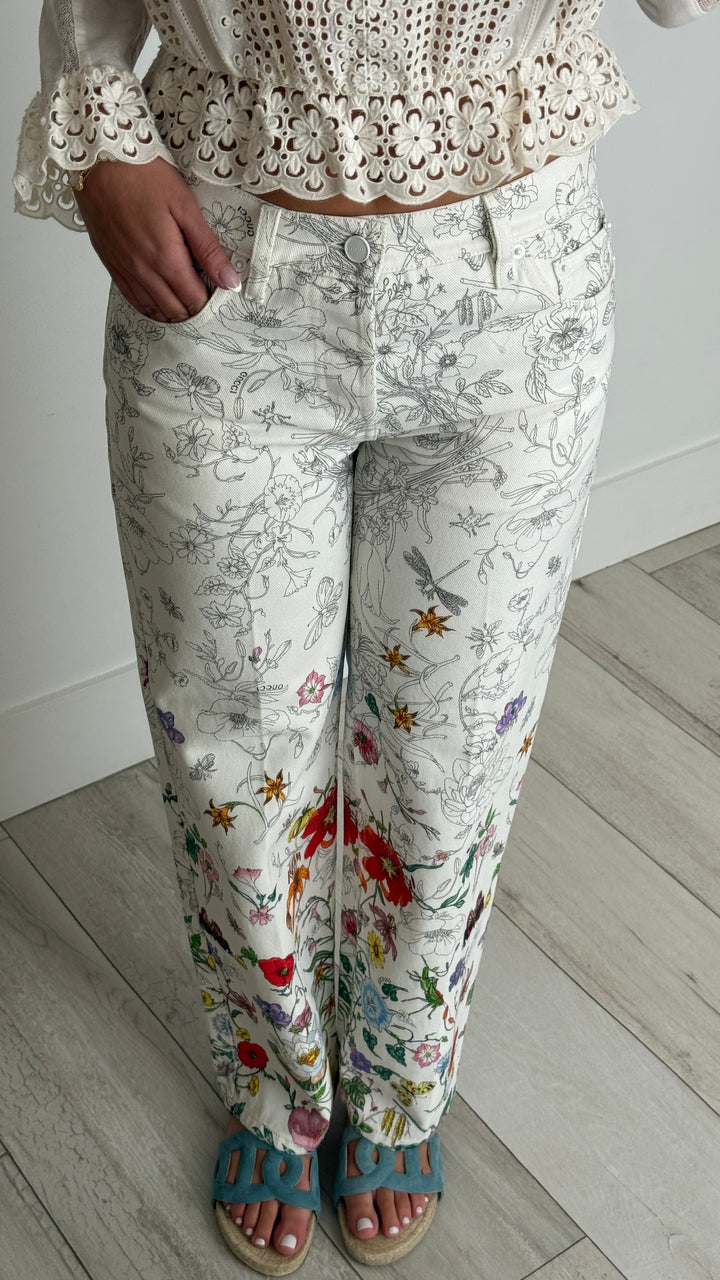 Gucci White Denim Floral Print Straight Leg Jeans Size 40