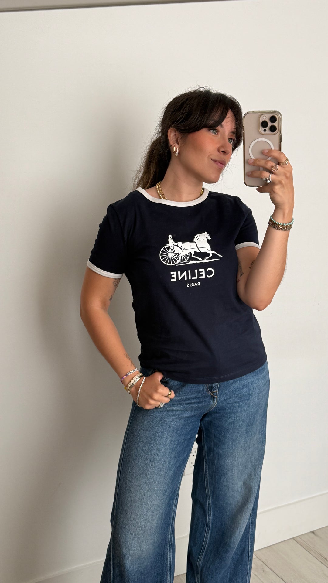 Celine Navy Cotton T-Shirt with White Details and Logo Size M