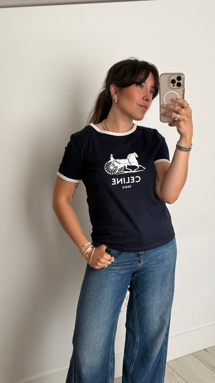 Celine Navy Cotton T-Shirt with White Details and Logo Size M