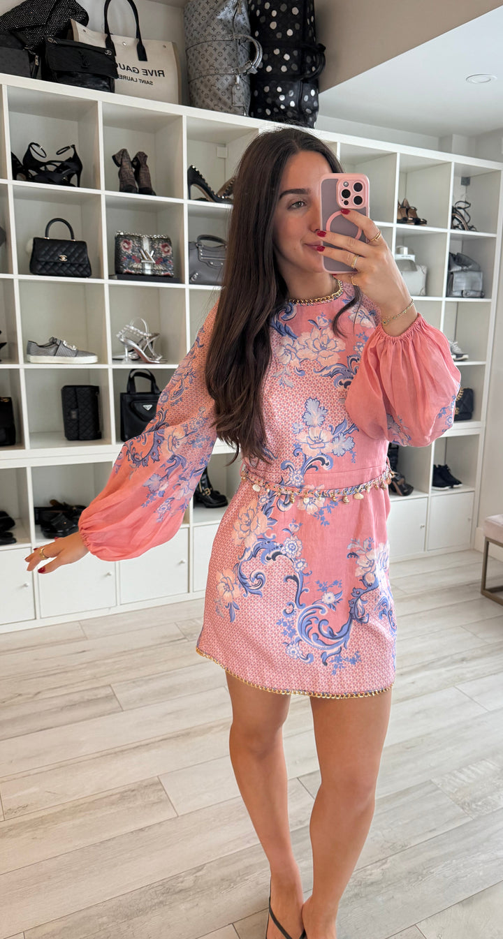 Zimmerman Pink and Blue Printed Dress with Gold Chain Detail Size 3