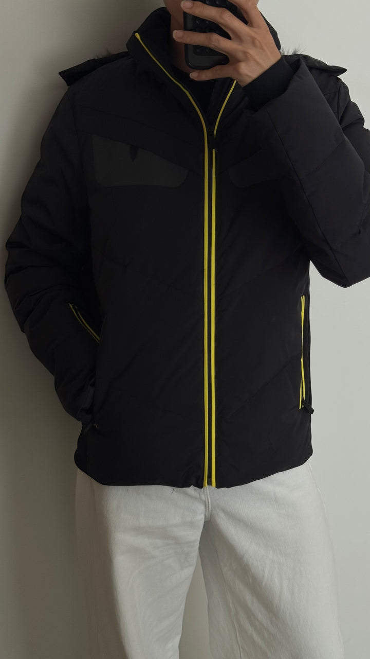Fendi Black Quilted Monster Eyes Jacket with Neon Piping and Fur Trimmed Hood Size 48