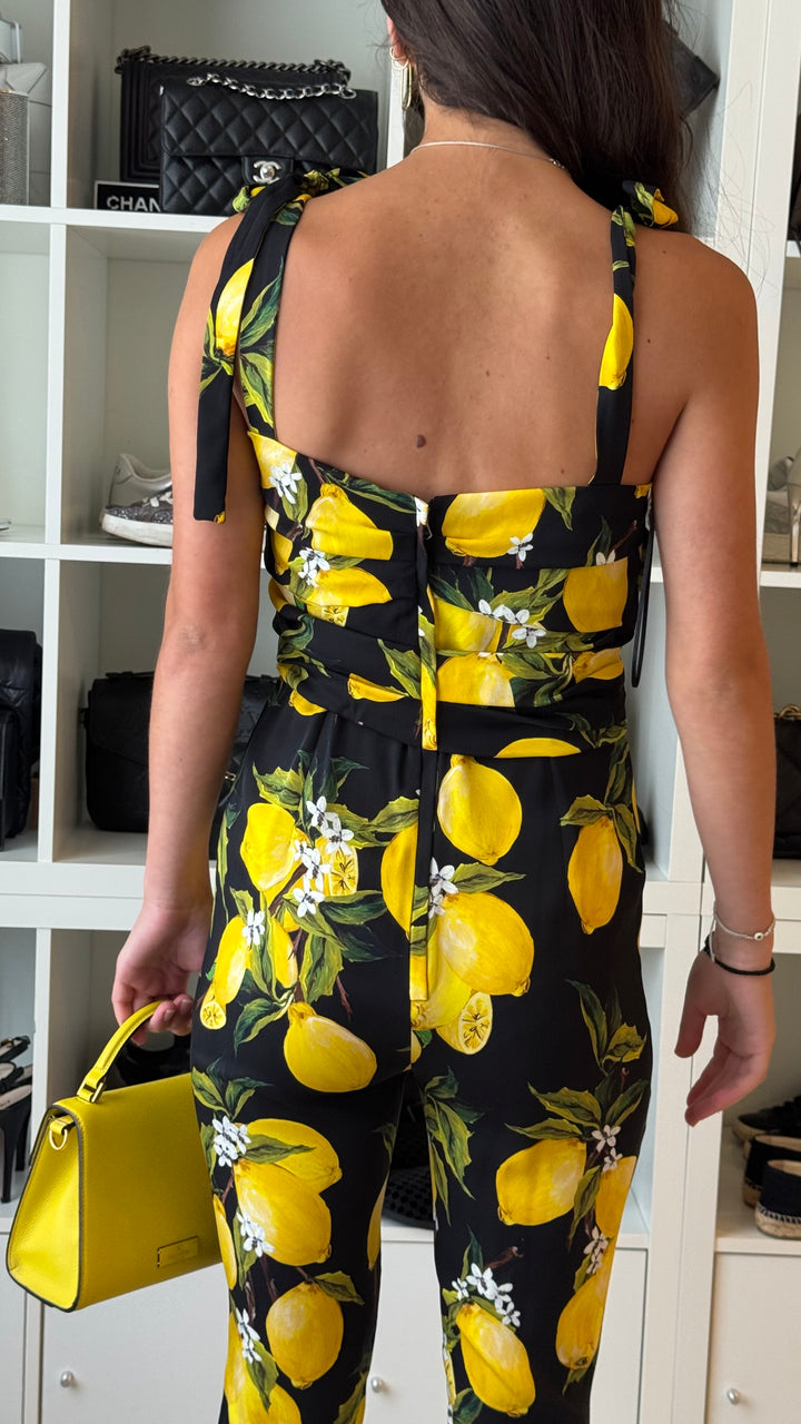 Dolce & Gabbana Black & Yellow Silk Jumpsuit with Lemons Print Size 42