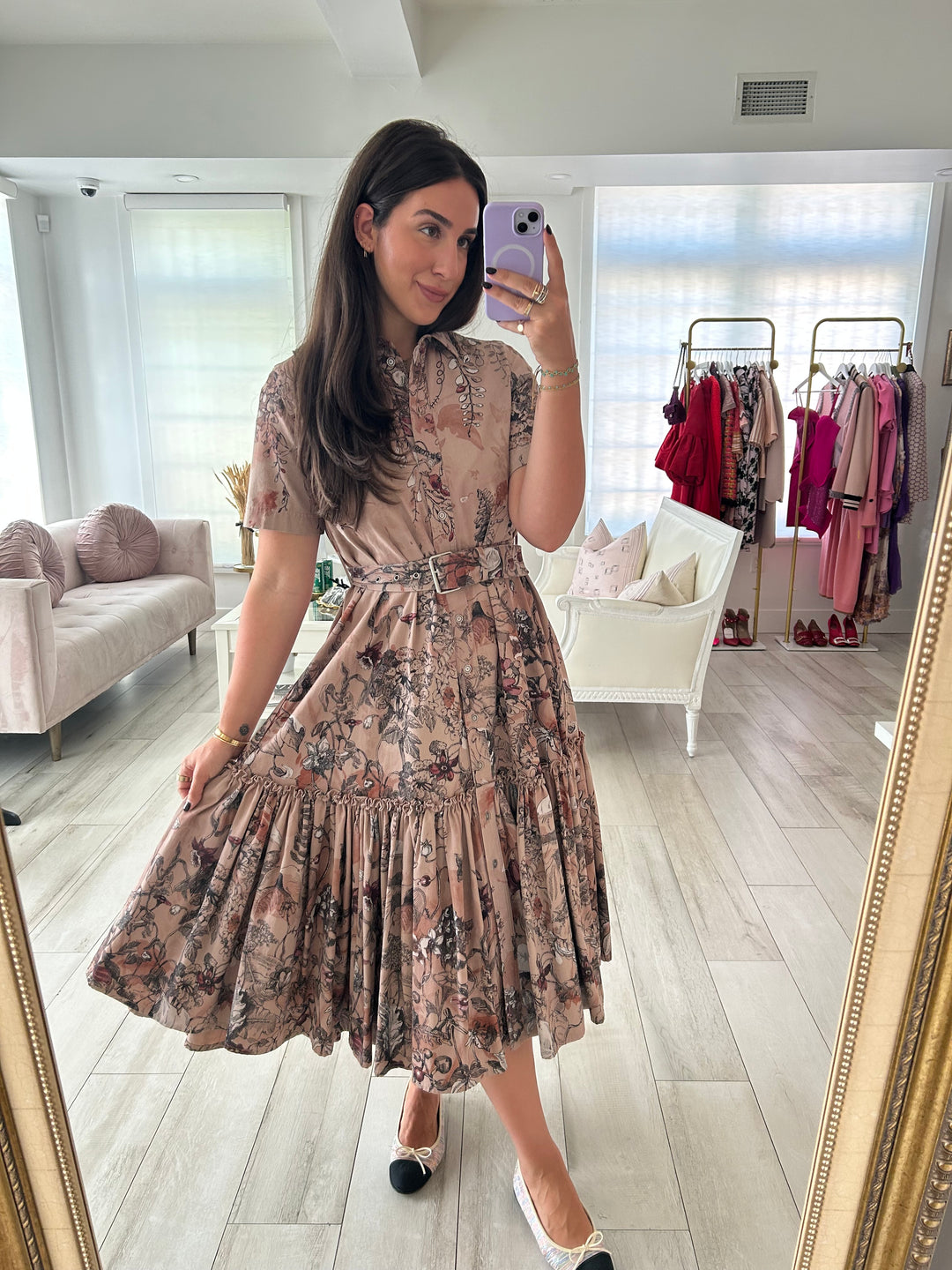 Dior Dusty Rose Cotton Printed Shirt Dress with Belt Size 38