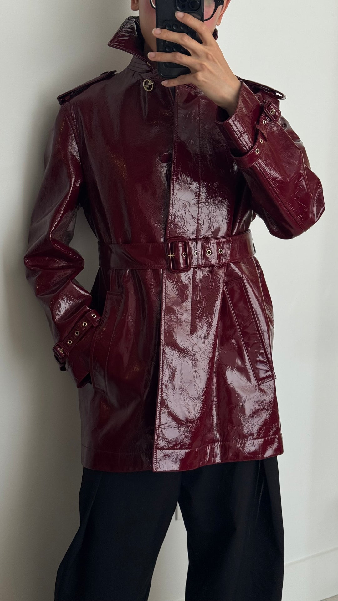 Gucci Burgundy Patent Leather Belted Trench Coat Size 44
