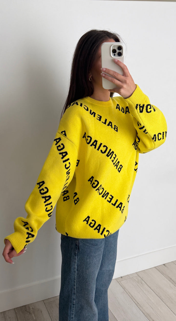Balenciaga Yellow Knit Logo Unisex Crewneck Sweater Size XS