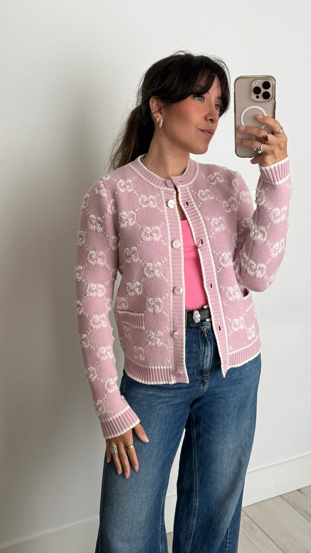 Gucci Pink Knit Wool Cardigan with White Monogram Size S