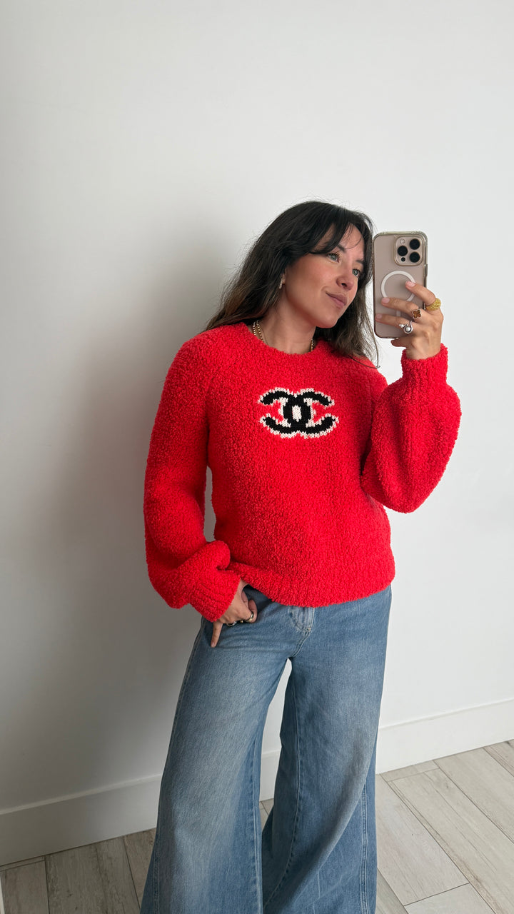 Pre-Loved Chanel™ Red Wool Blend Logo Sweater Size 38