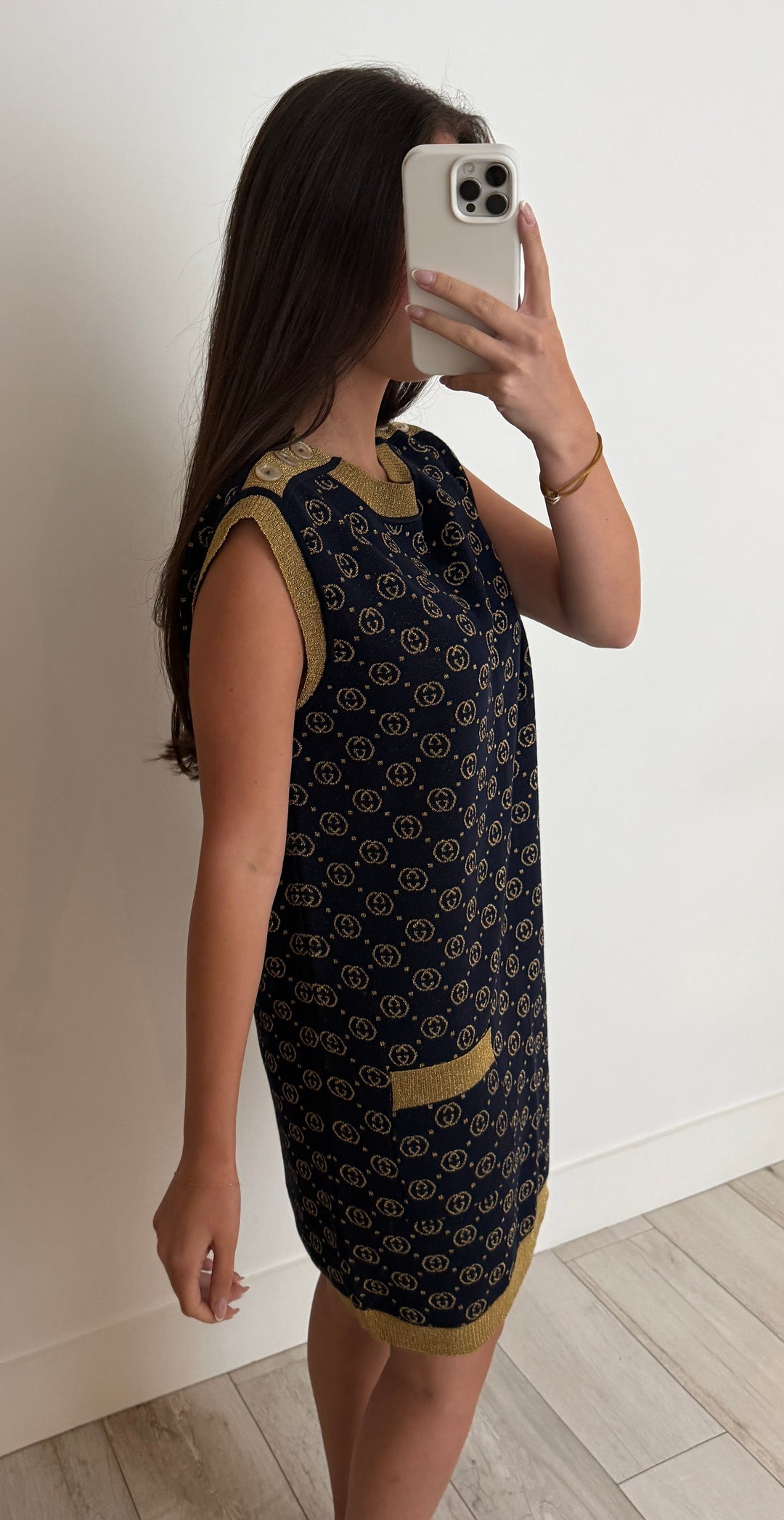 Gucci Navy & Gold Wool Blend Interlocking G Sleeveless Dress Size L