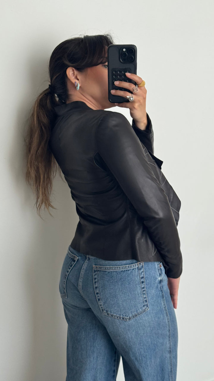 Rick Owens Black Leather Asymmetrical Zip Jacket with White Contrast Stitching Size 40