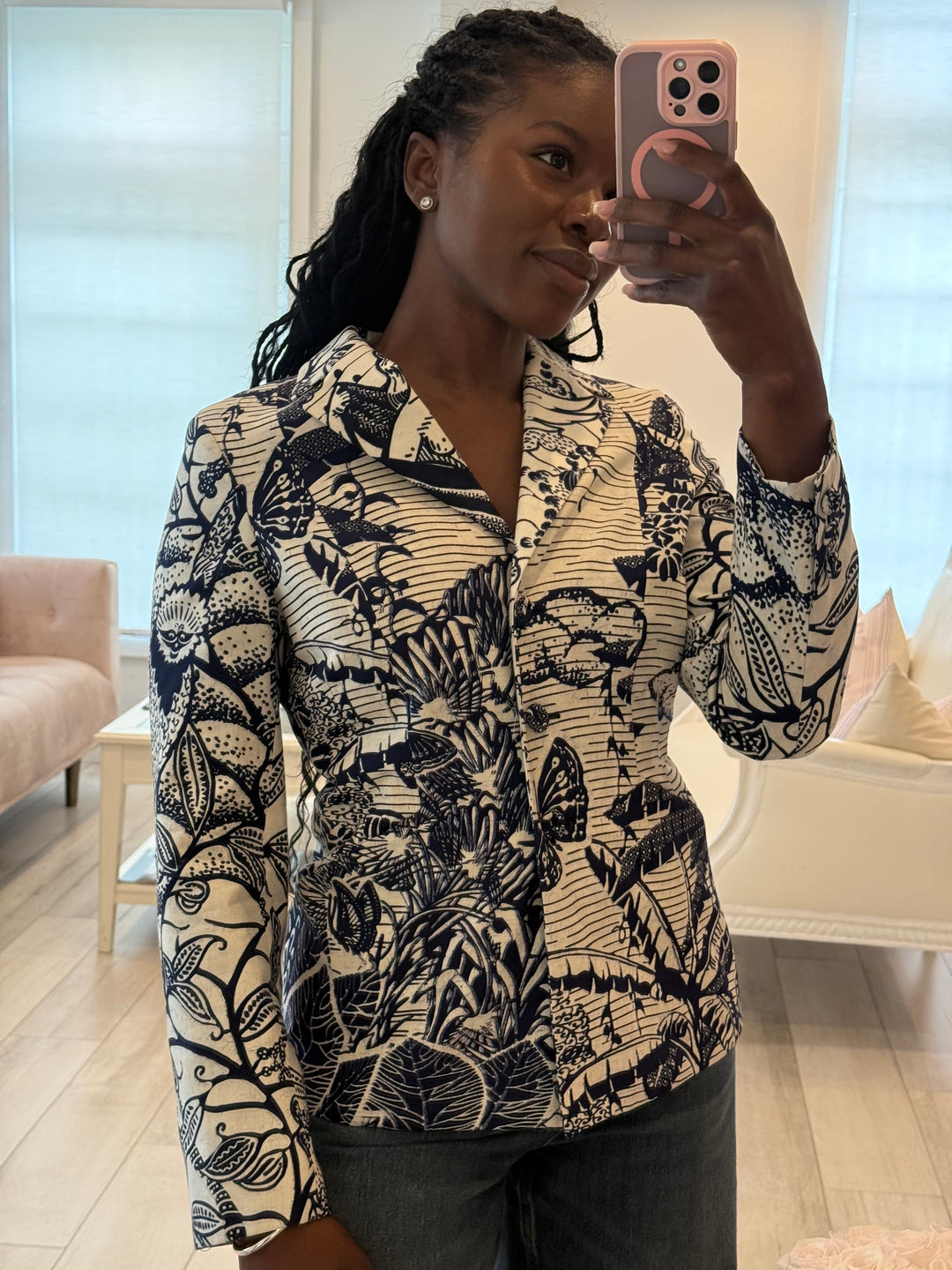 Dior Ivory and Blue Toile de Jouy Printed Tropicalia Jacket Size 42