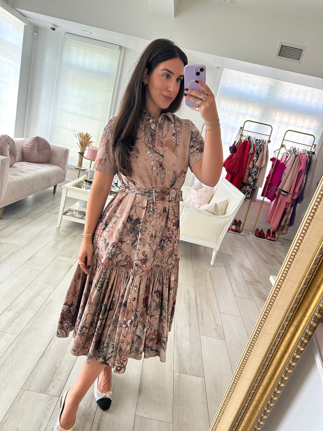 Dior Dusty Rose Cotton Printed Shirt Dress with Belt Size 38