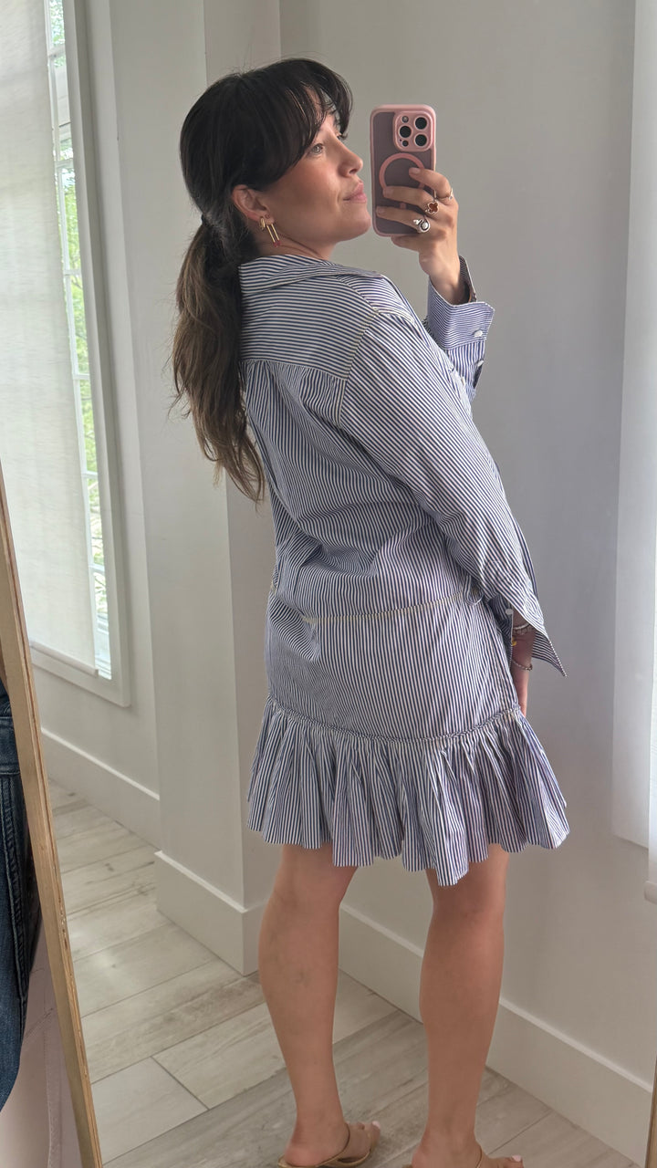 Chloé White and Blue Cotton Striped Shirt Dress with Ruffled Hem Size 36
