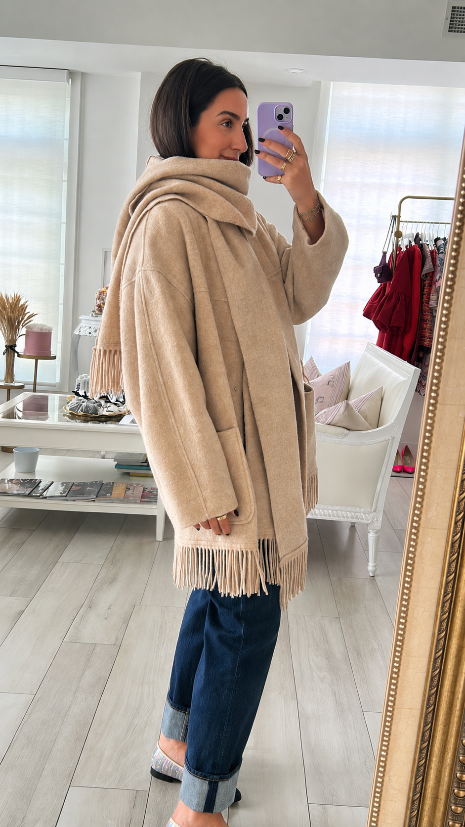 Isabel Marant Étoile Beige Wool Blend Faty Fringe Coat with Scarf Size 40