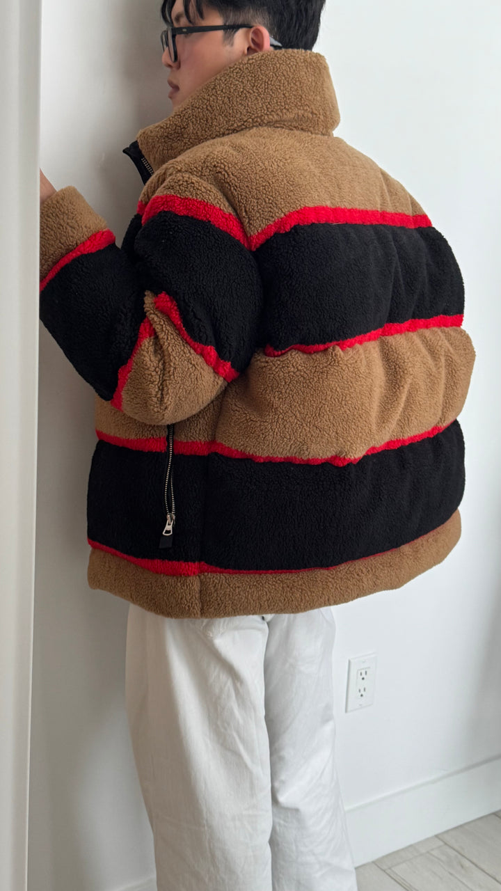 Burberry Red, Black & Brown Bradfield Fleece Jacquard Puffer Jacket Size M
