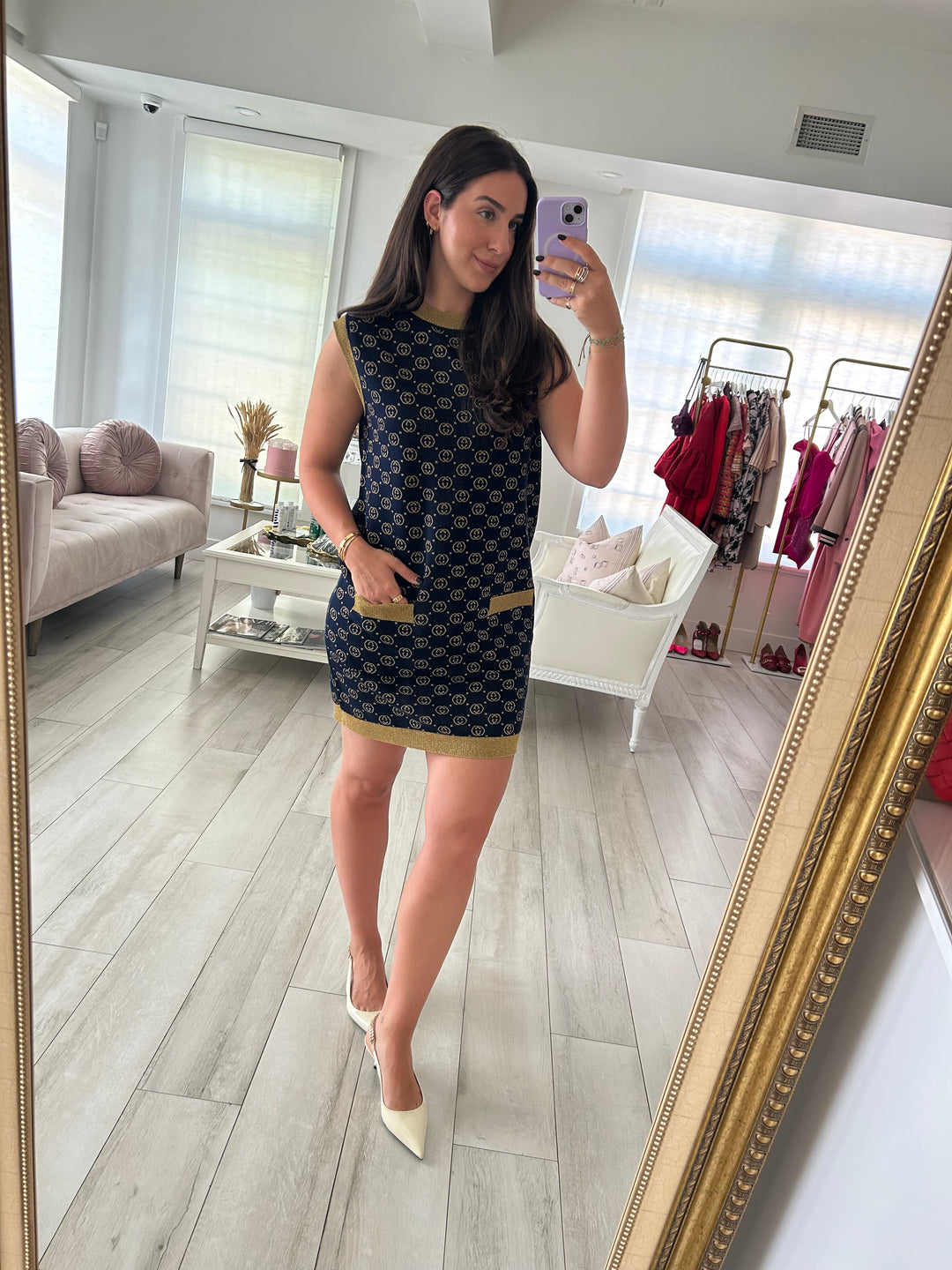 Gucci Navy & Gold Wool Blend Interlocking G Sleeveless Dress Size L
