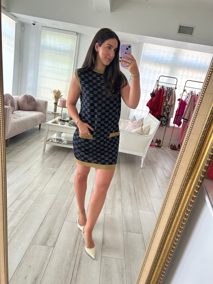 Gucci Navy & Gold Wool Blend Interlocking G Sleeveless Dress Size L