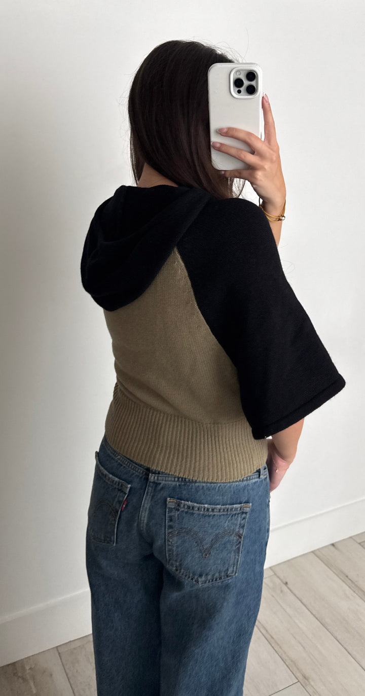 Dior Beige & Black Cashmere Short-sleeved Hooded Sweater Size 4
